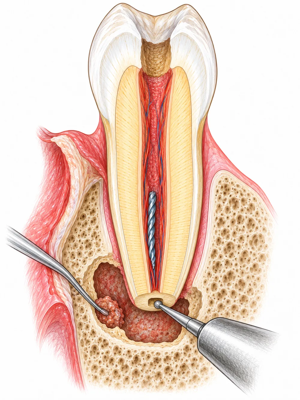 Schéma de microchirurgie endodontique en présence d’un fragment d’instrument à l’apex