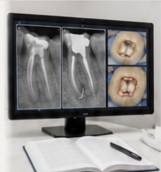 Cas clinique endodontique avec radiographies préopératoire et postopératoire et photographies cliniques affichées sur un écran